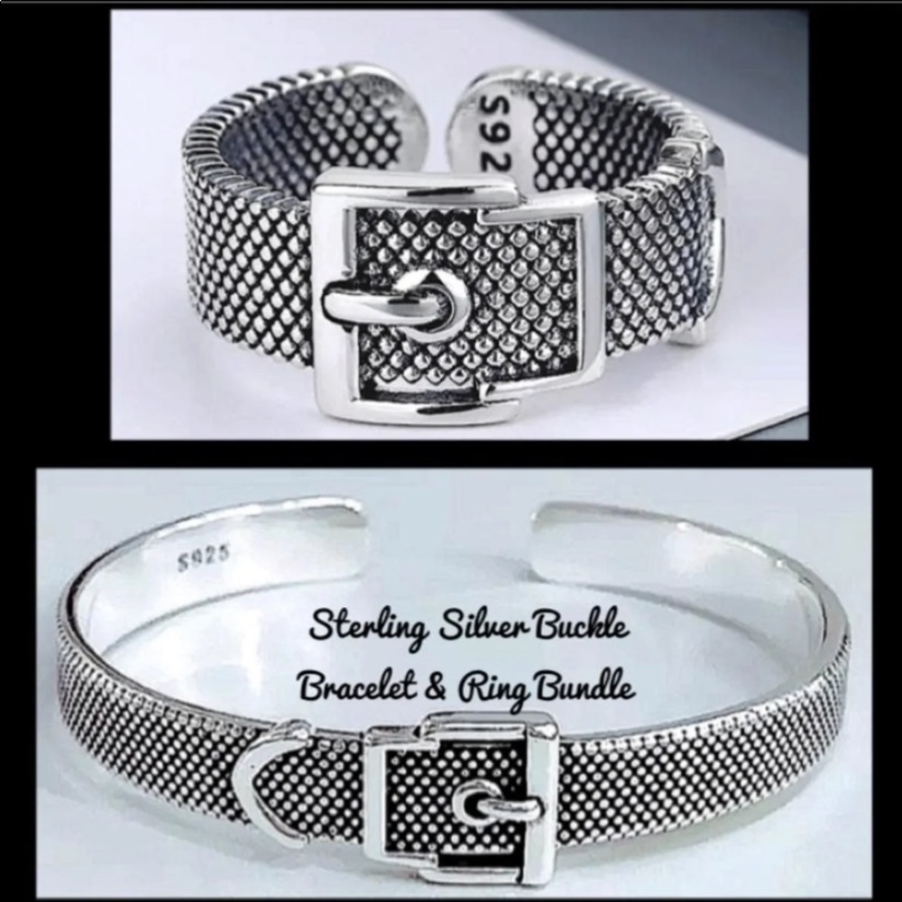 Sterling Silver Buckle Bangle Bracelet Ring Set